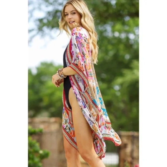 SOLD OUT Ajoure Colorful Italian Baroque Floral Print Lightweight Kimono Open - Picture 6 of 7